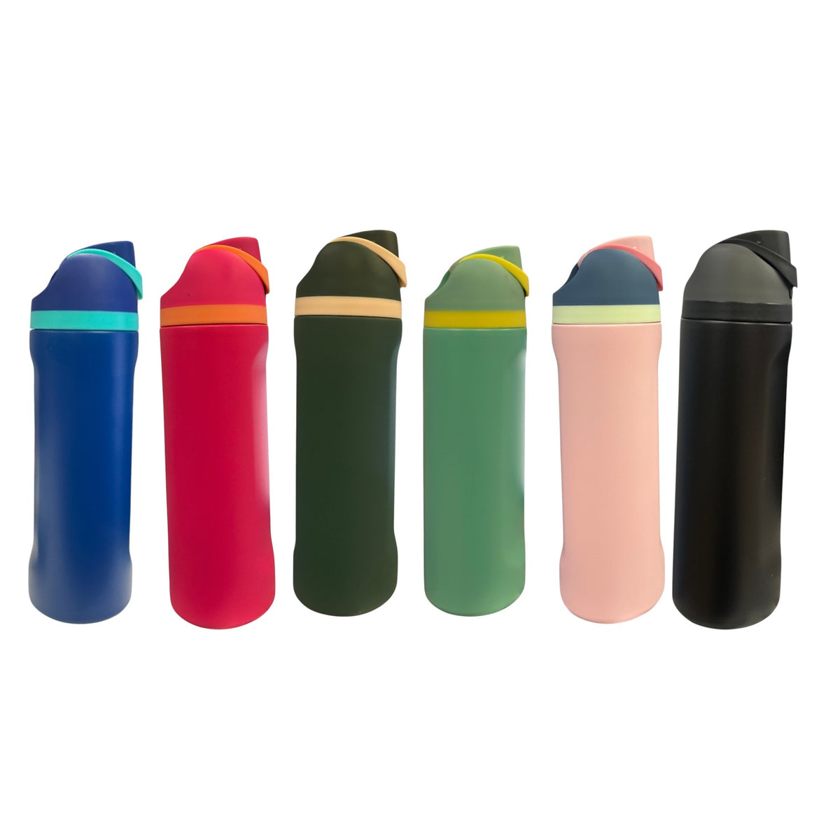 Six colorful Stainless Steel Free Sip Water Bottles in blue, red, dark green, sage green, pink and black with flip-top spouts and color-blocked lids