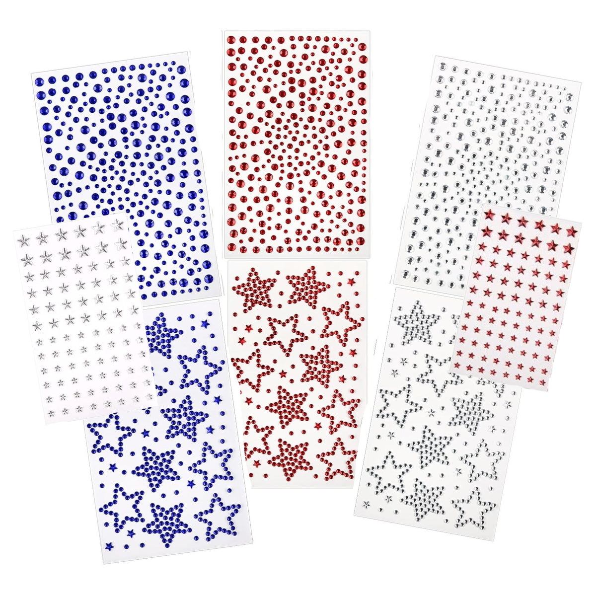 Three sheets of July 4th face gems featuring red rhinestone dots and stars, silver glitter dots and stars, and blue sparkle dots arranged on clear adhesive backing for camp celebrations