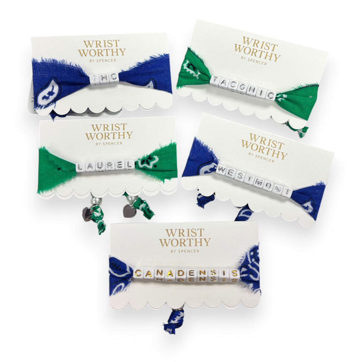 Five Wrist Worthy beaded camp name bracelets on bandana fabric in blue, green and red, with names like Laurel and Canadensis