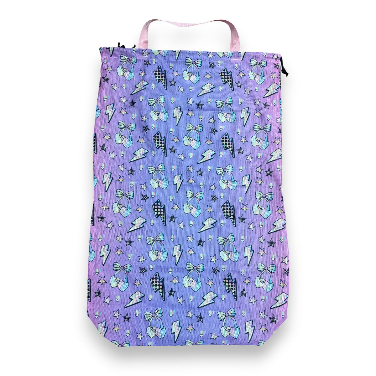Electric Cherries camp mesh laundry bag in purple with cherries, bows and lightning bolts, pink handle