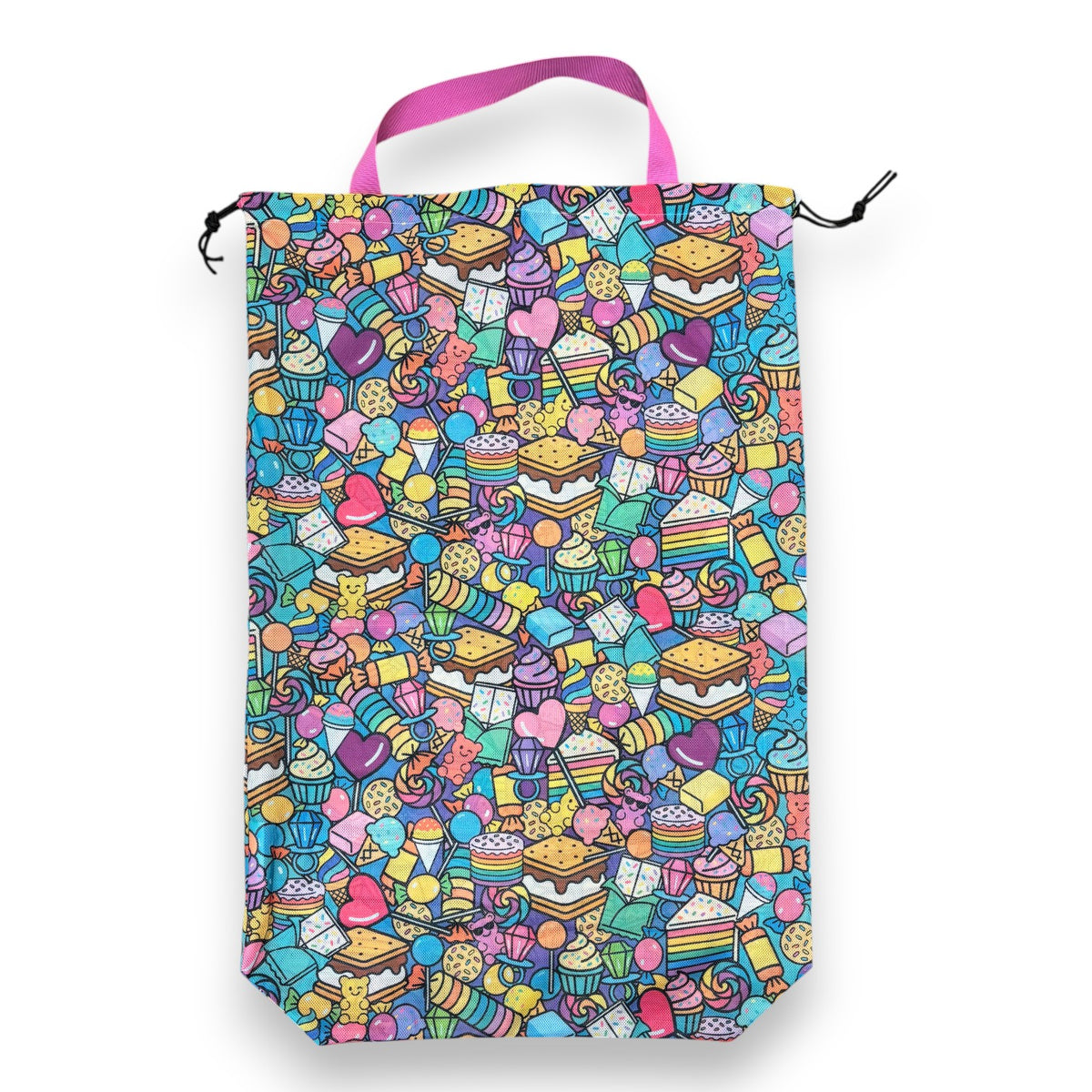 Let Me See You Tootsie Roll mesh laundry bag covered in colorful candy and dessert doodles with a pink handle