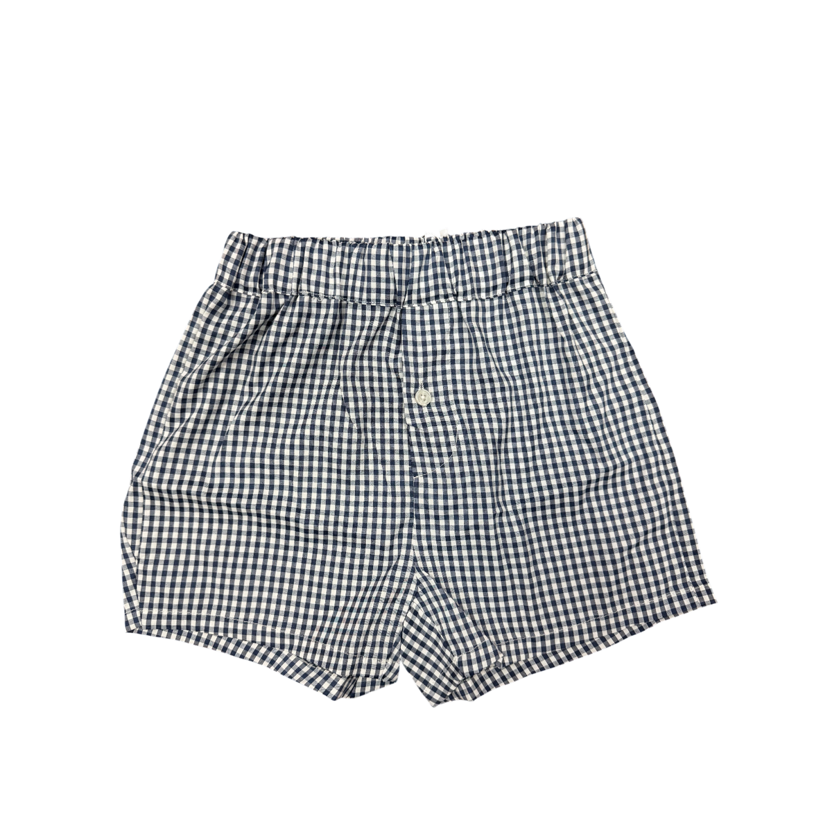 Navy and white gingham check shorts with elastic waistband and single button detail at center front