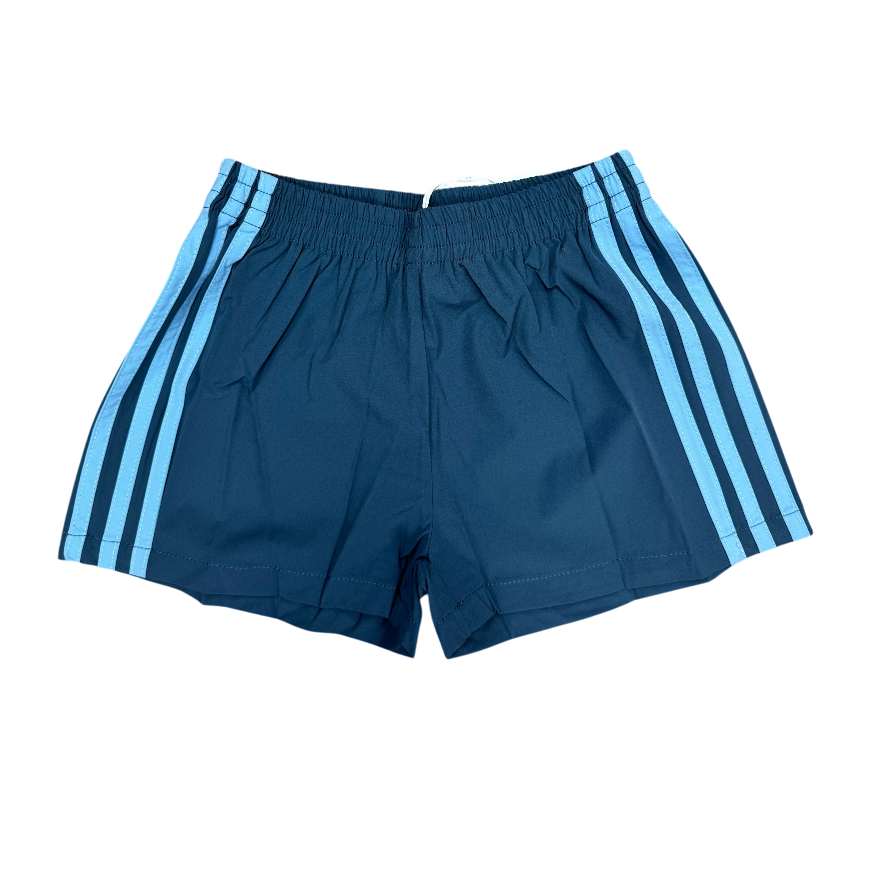 70s Style Sky Blue and Navy athletic shorts with elastic waistband and light blue side stripes on navy fabric