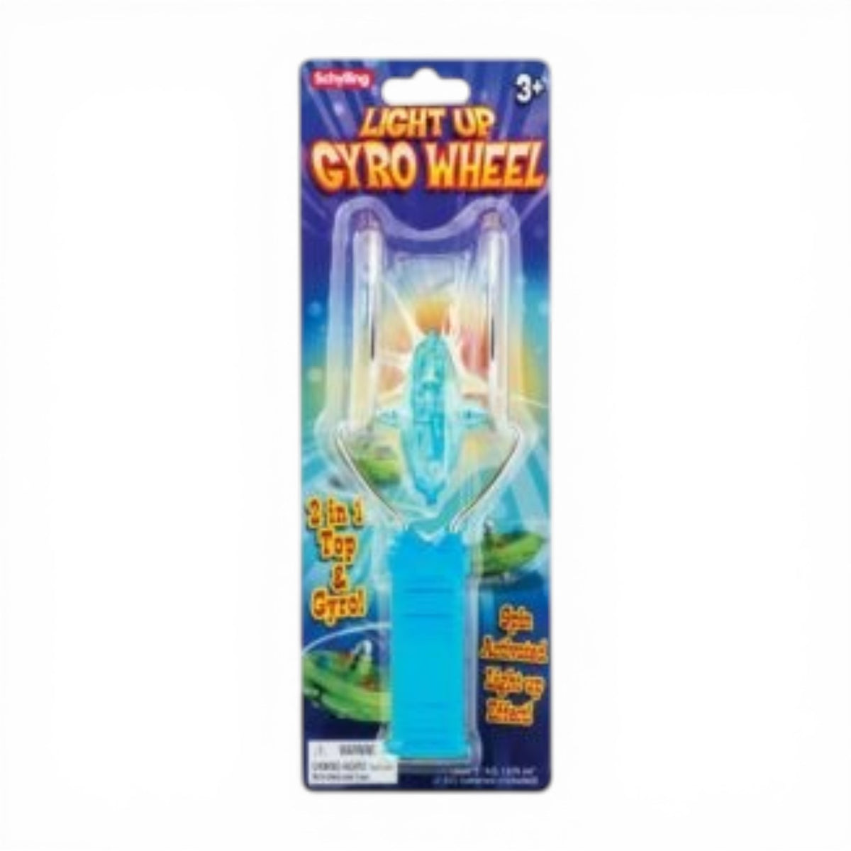 Light Up Gyro Wheel in blue packaging showing illuminated spinning wheel with clear handles and colorful background