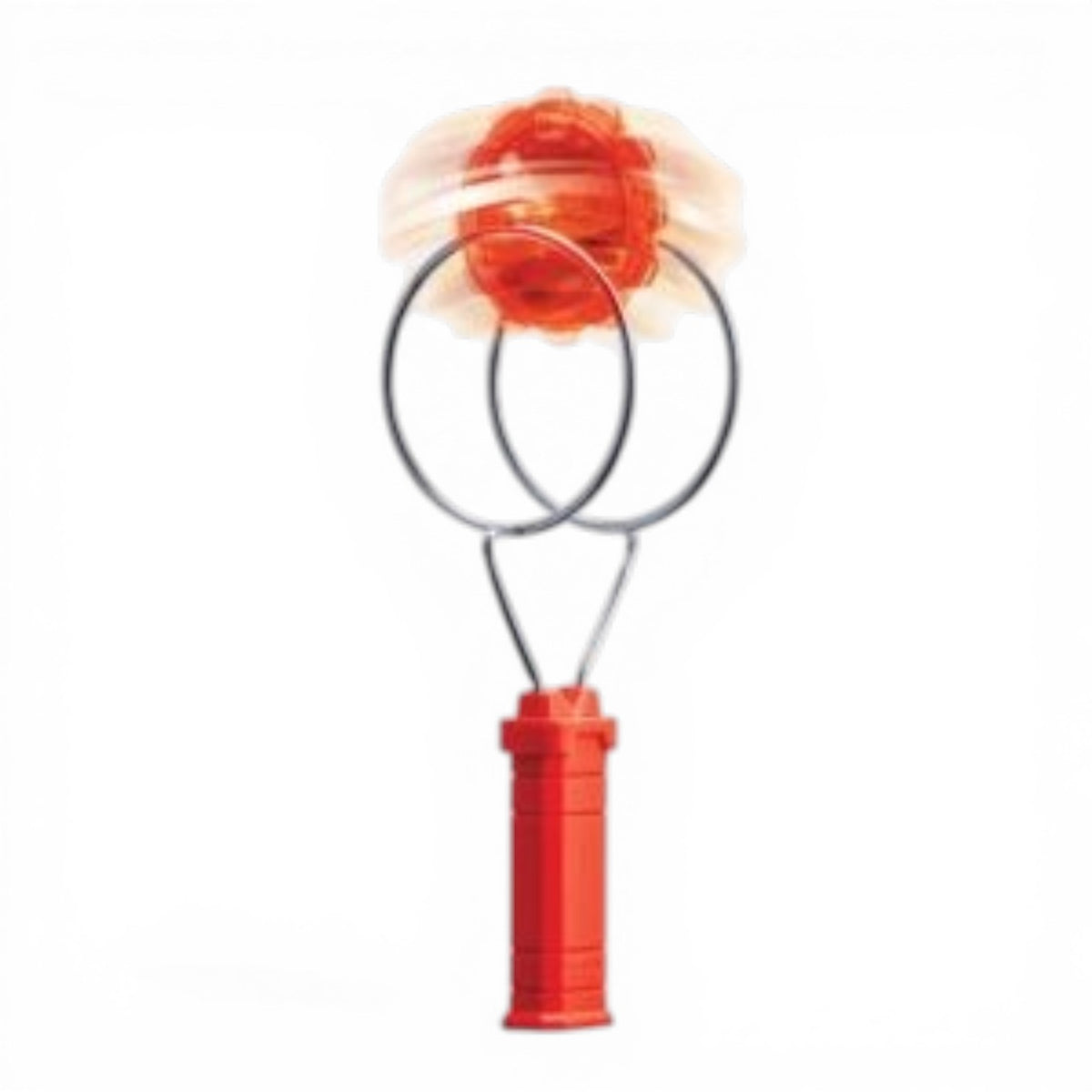 Light Up Gyro Wheel toy in red showing spinning motion with two circular wire loops and red handle base