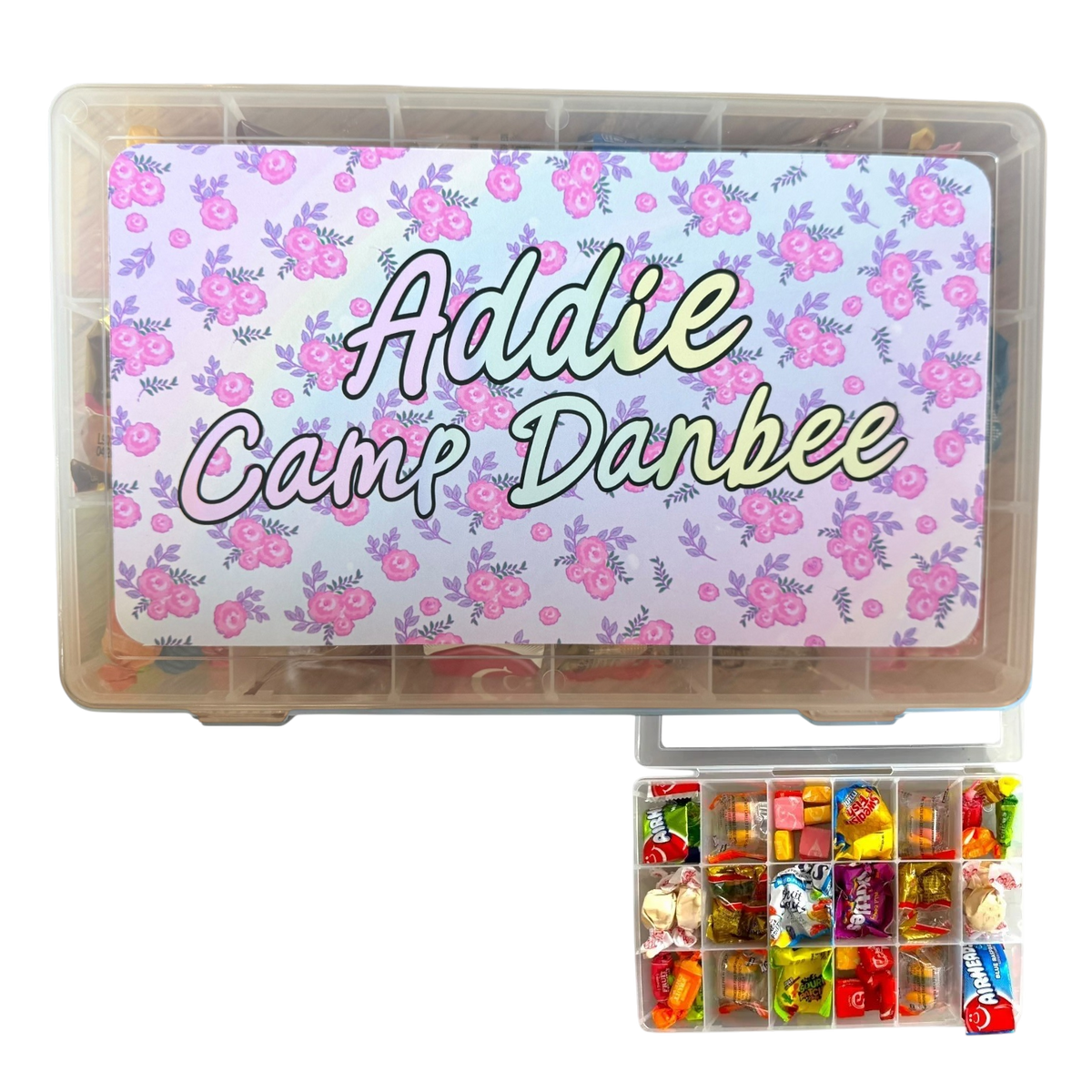 Blushing Blossoms Camp Large Candy Box with pink roses and purple leaves floral pattern on white background, clear plastic storage container with divided compartments filled with assorted nut-free candy