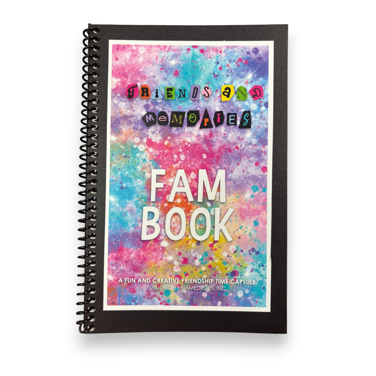 FAM Friends and Memories Book with a colorful splatter cover and black spiral binding
