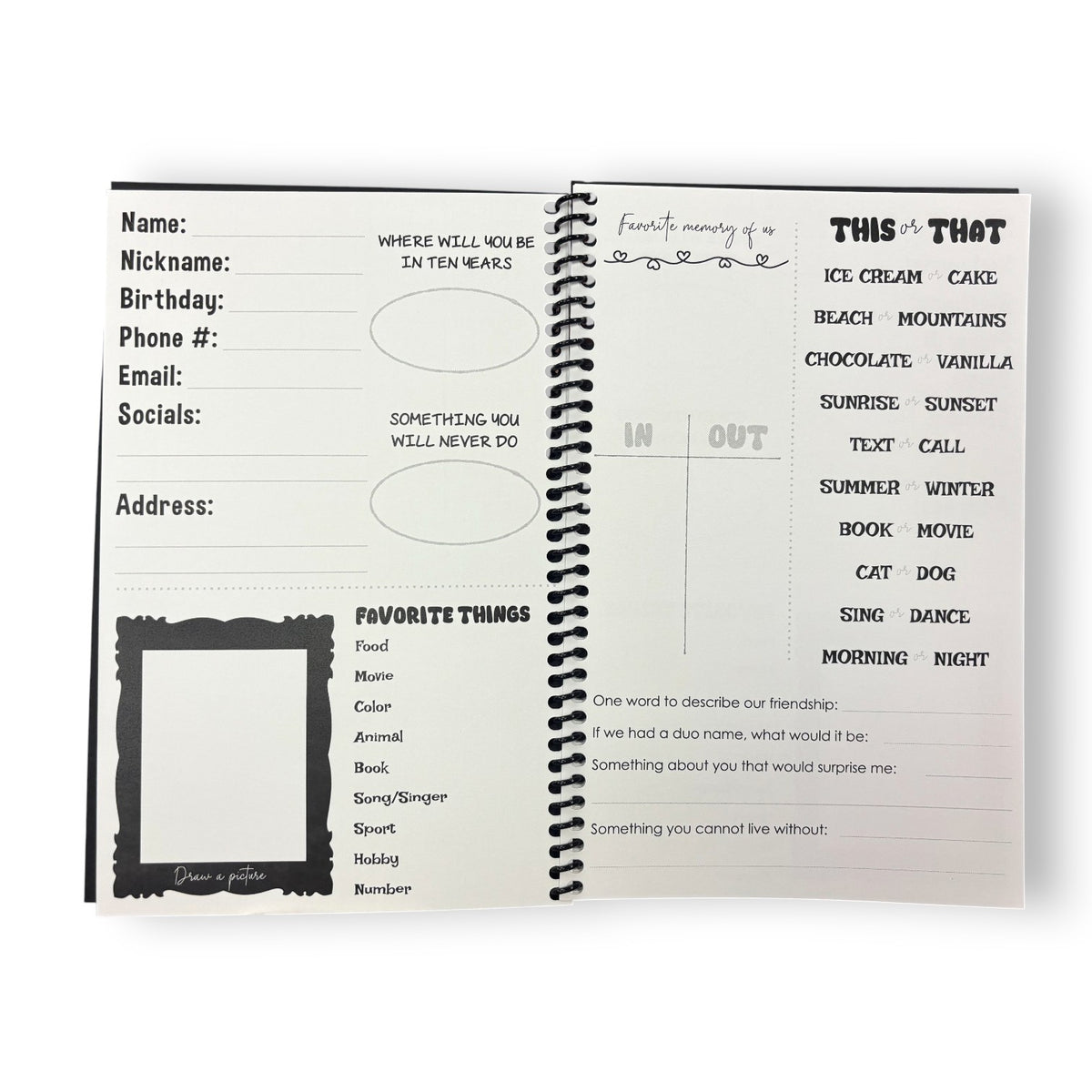 FAM Friends and Memories Book open to pages with fill-in prompts like favorite things and this or that
