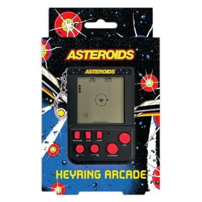 Asteroids Keyring Arcade handheld game in its boxed packaging with retro space artwork