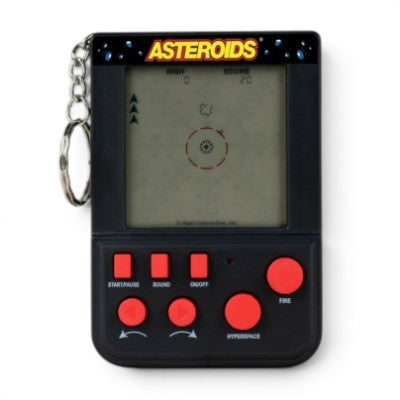 Asteroids Keyring Arcade handheld game out of the box with red buttons and a key ring