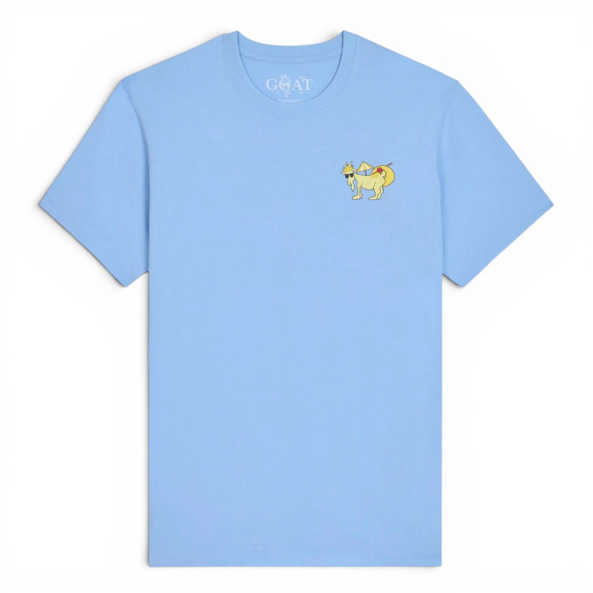 Light blue GOAT Way t-shirt front with small embroidered goat mascot in sunglasses and party hat on chest