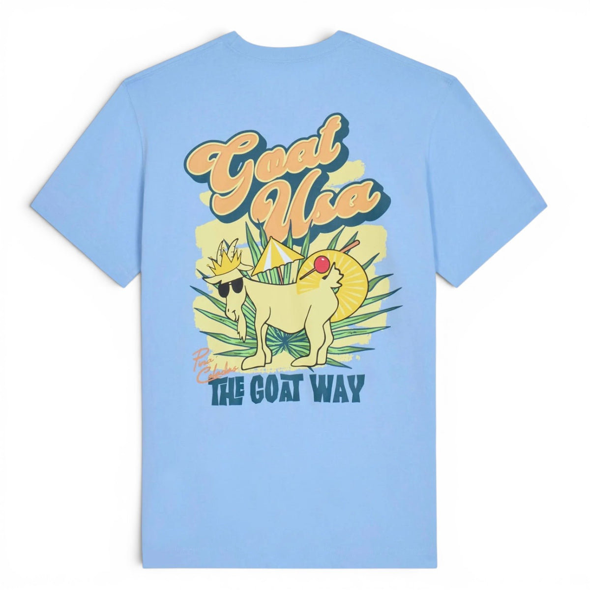 Back of light blue GOAT Way t-shirt with large peach and teal graphic of goat in sunglasses holding juice box with text GOAT USA THE GOAT WAY and tropical leaves