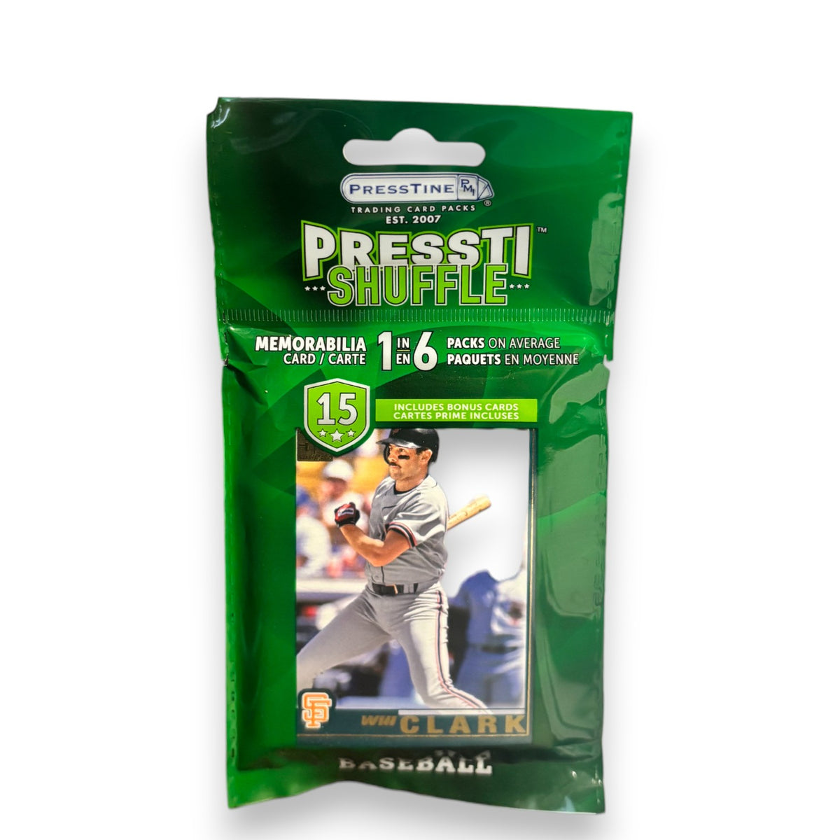 Pressti Shuffle baseball trading card pack in green foil packaging with a San Francisco Giants player card