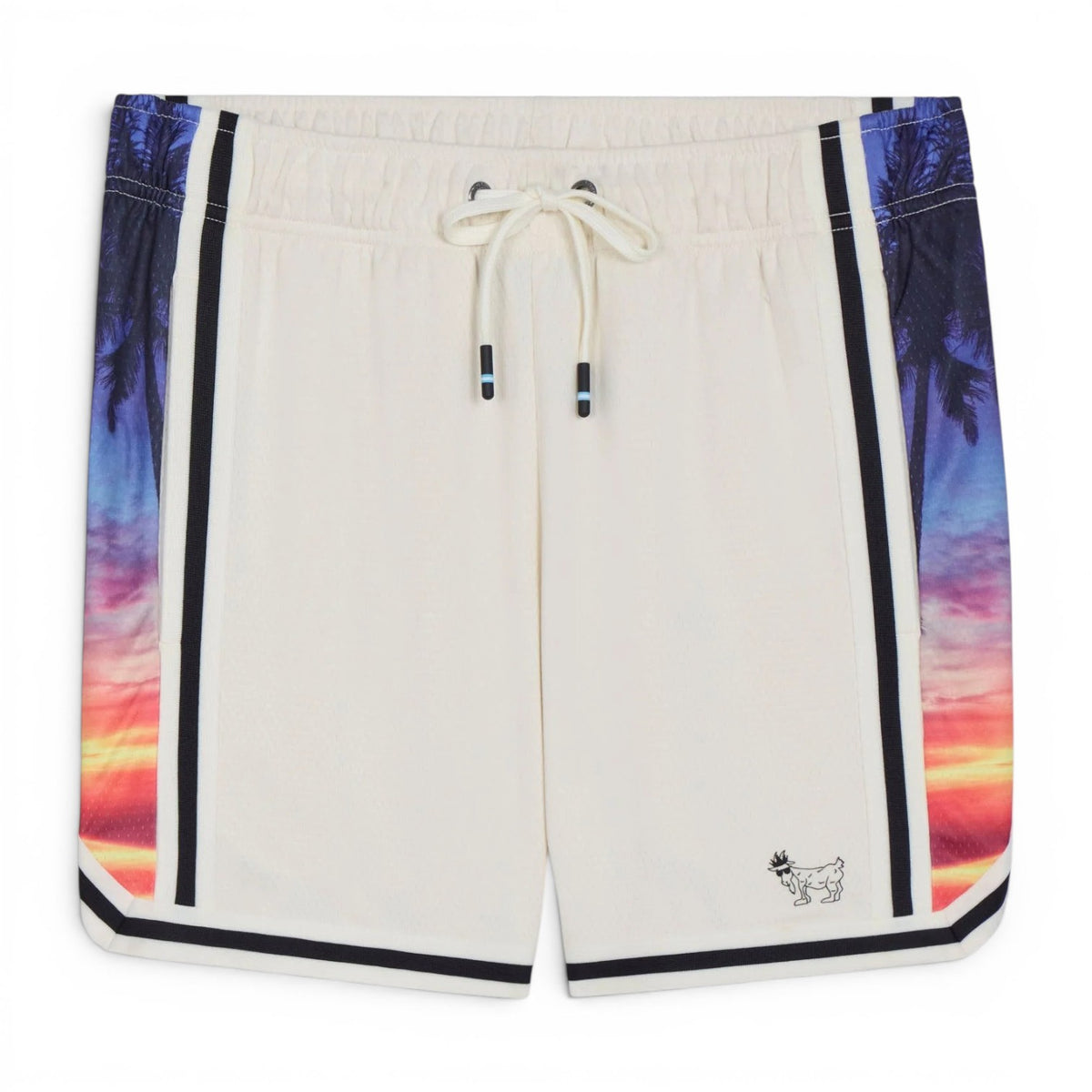 GOAT Palm Tree Mesh Shorts in cream with sunset gradient palm tree print on sides, black and white striped trim, drawstring waist, and small embroidered logo