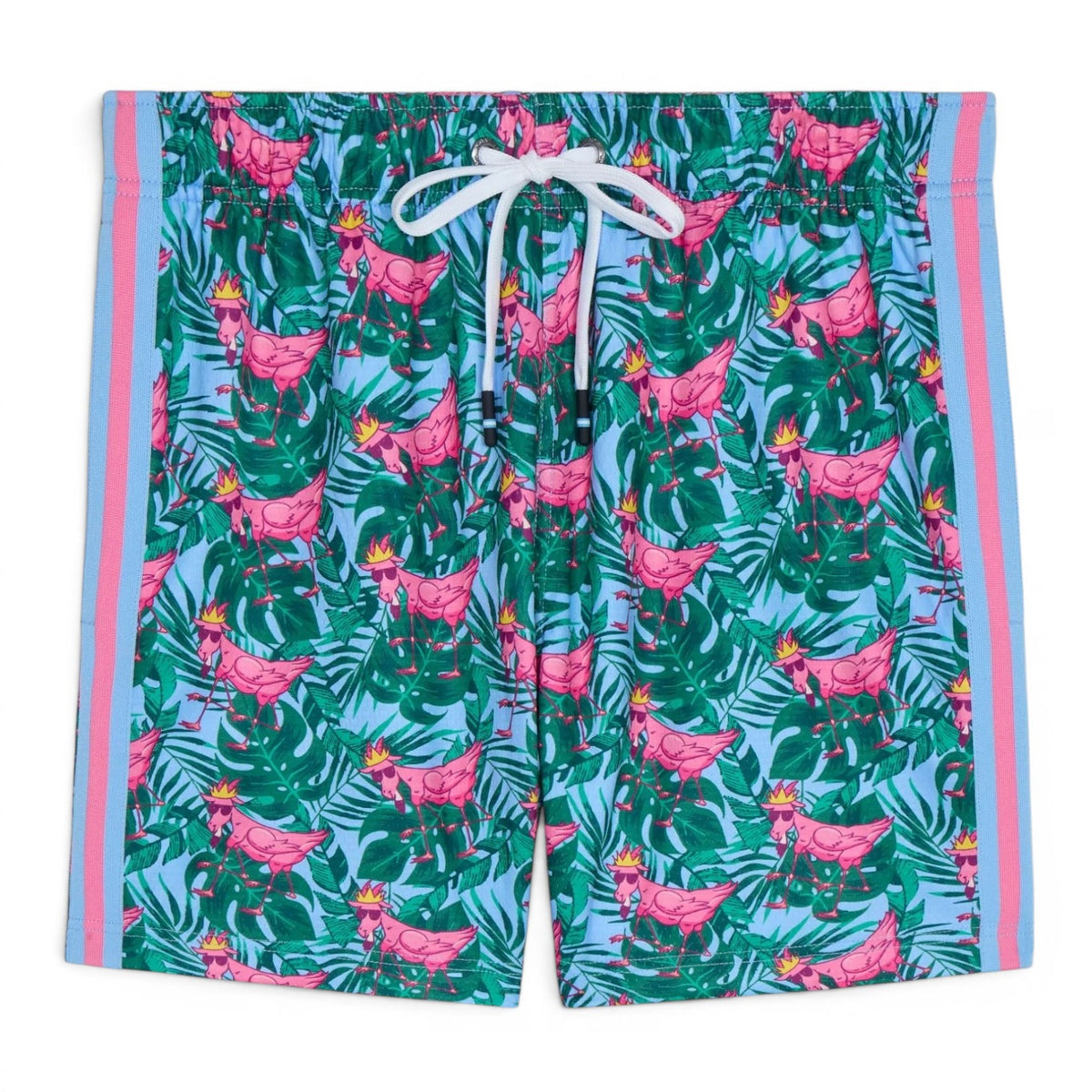 FlaminGOAT mesh shorts with tropical leaf print and pink goats, featuring light blue and pink side stripes and white drawstring waistband