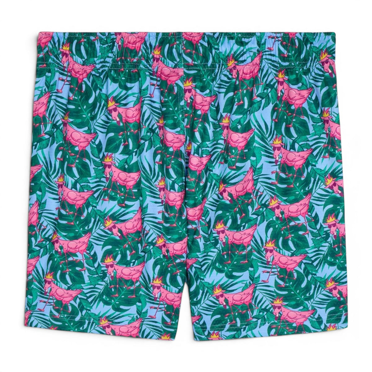 Back view of FlaminGOAT mesh shorts showing tropical green leaf pattern with pink goats throughout and colorful side striping