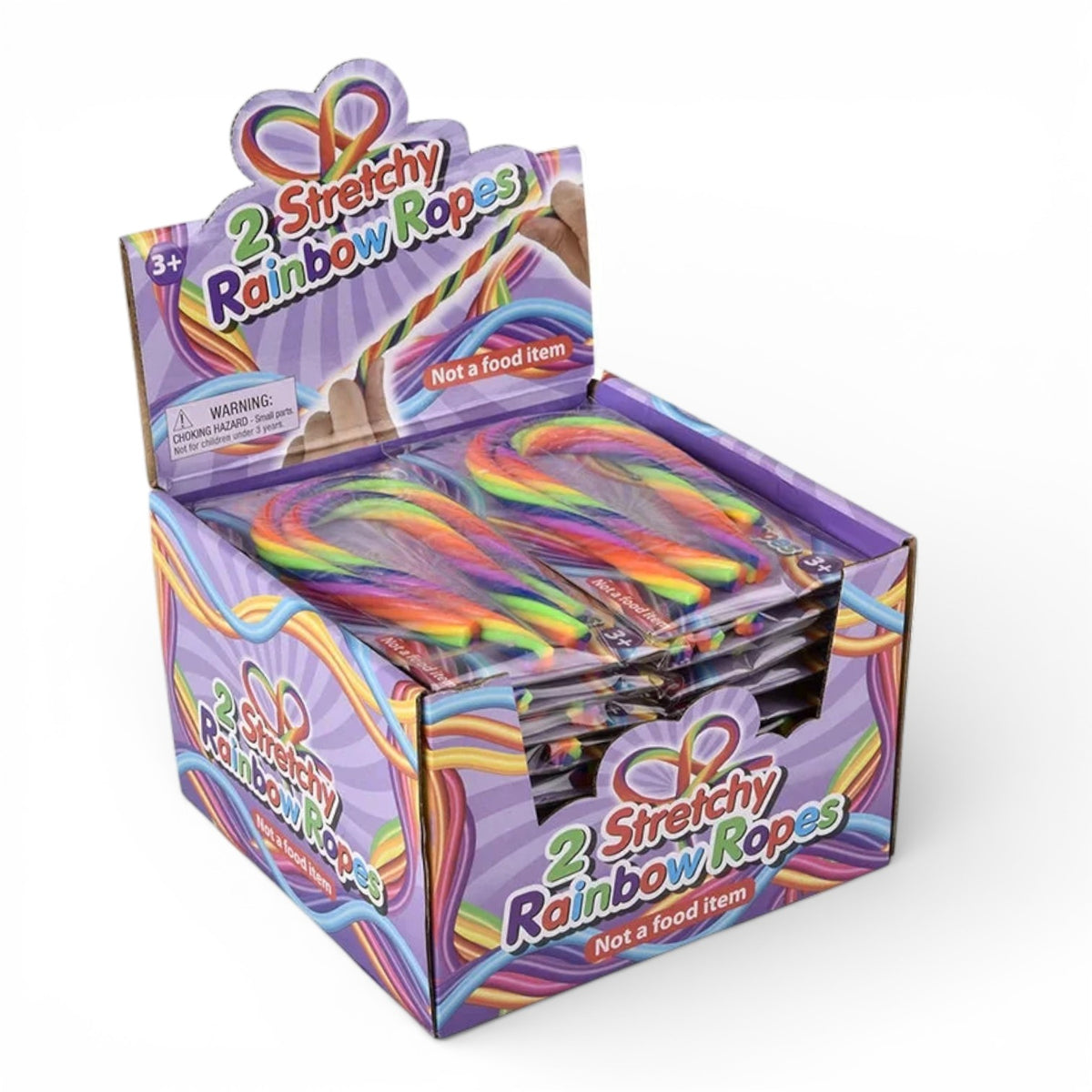 Stretchy Rainbow Ropes in a display box of packs of two rainbow stretchy ropes