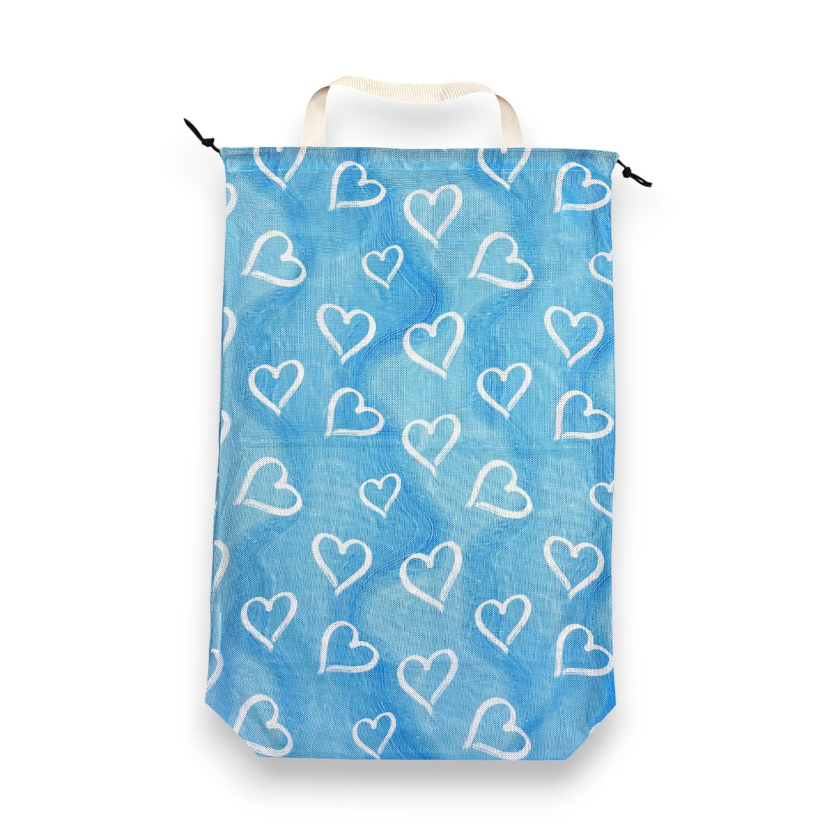 Mesh laundry bag in blue with white painted hearts