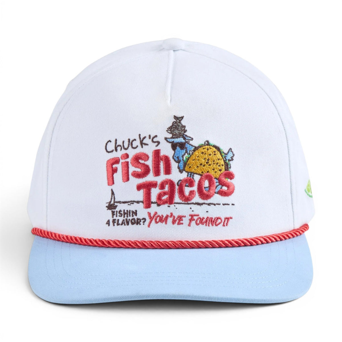 White and light blue GOAT Fish Tacos trucker hat with embroidered Chuck's Fish Tacos logo, fisherman graphic, taco design, and red rope trim detail across brim