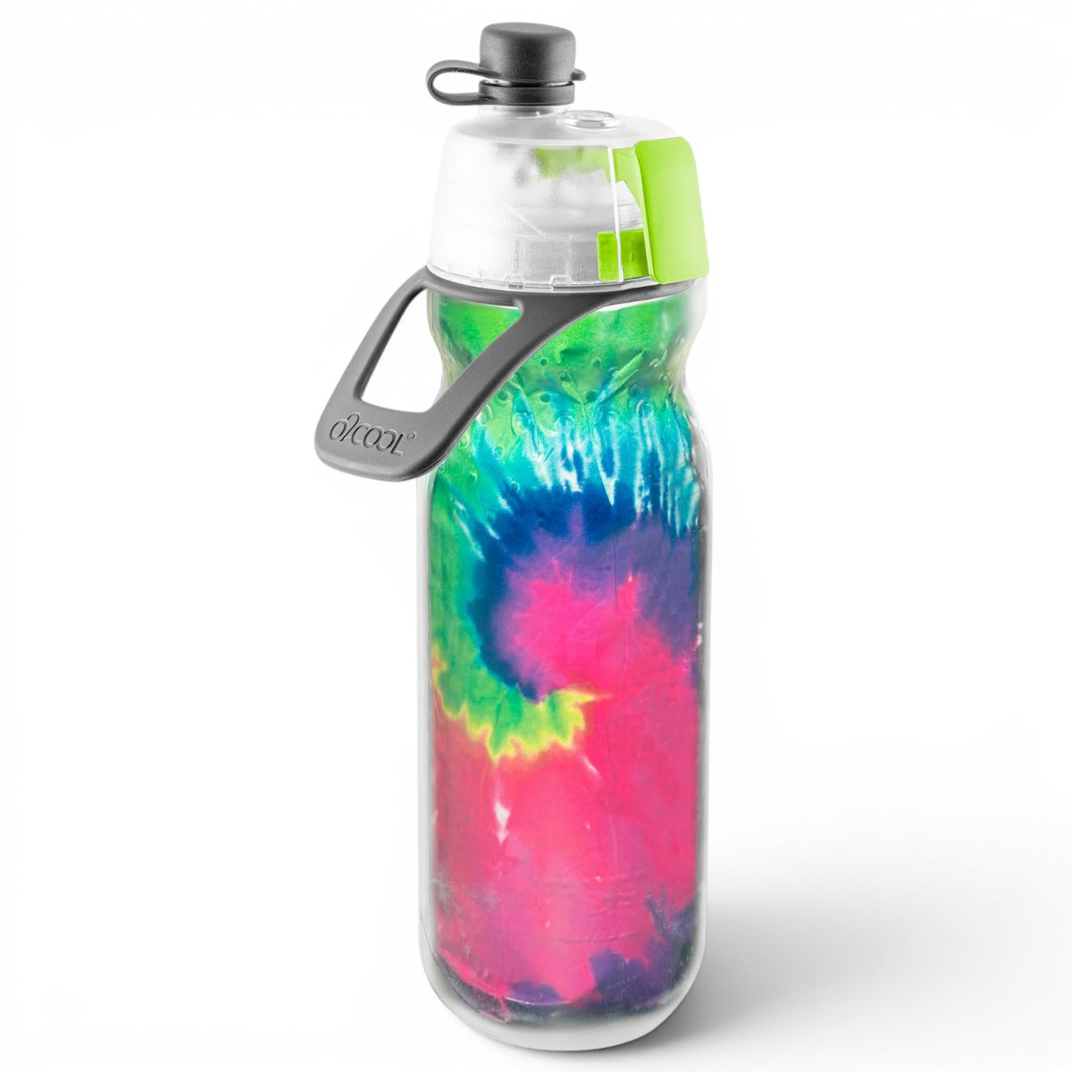 Green rainbow tie dye insulated Sip N Mist water bottle with clear top chamber and gray cap with loop handle