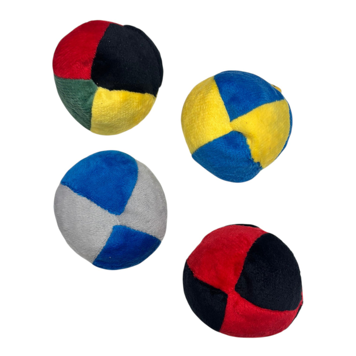 Soft Hackey Sack set of four plush balls in red, black, blue, yellow, green and gray panels