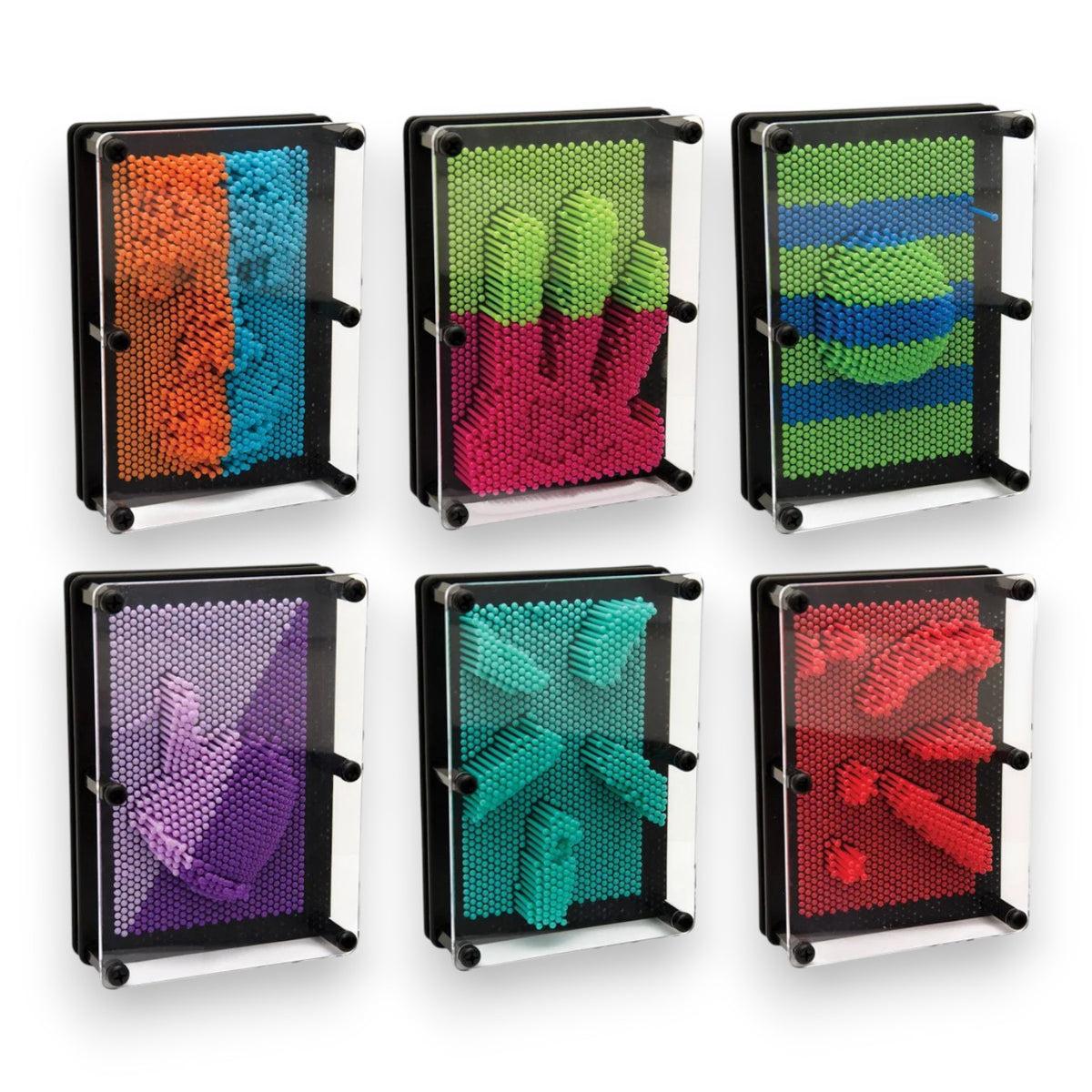 Six Pin Prints pin-art toys in orange/blue, green/pink, green/blue, purple, teal and red