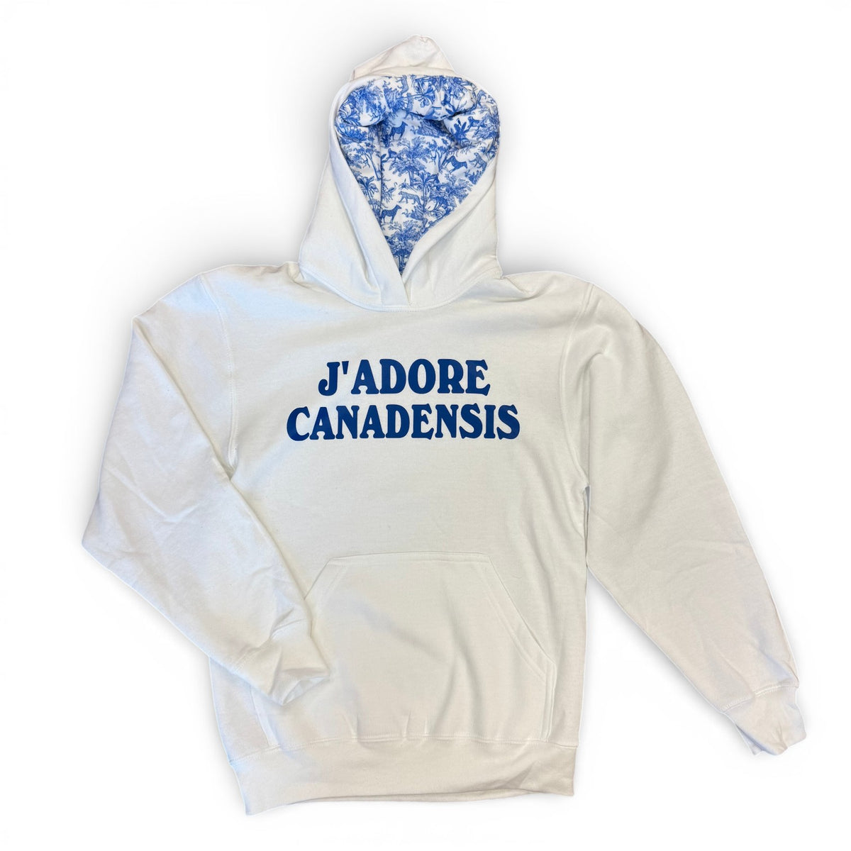 J'adore Camp Hoodie in white with blue text J'adore Canadensis and blue toile hood lining