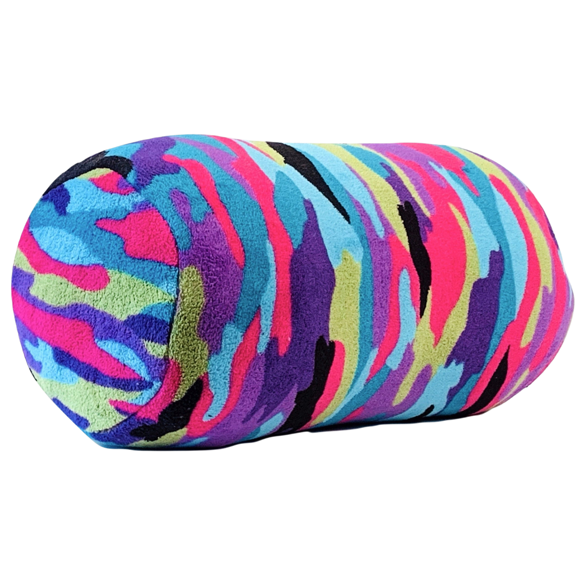 Funky camo bolster pillow in pink, blue, purple and lime green