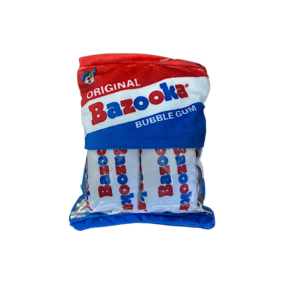 Mini Bazooka Bubblegum plush toy with red white and blue packaging design featuring embroidered Original Bazooka Bubble Gum logo on soft fleece material