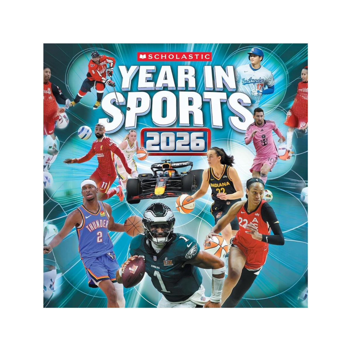Scholastic Year In Sports 2026 book cover with athletes on a teal background