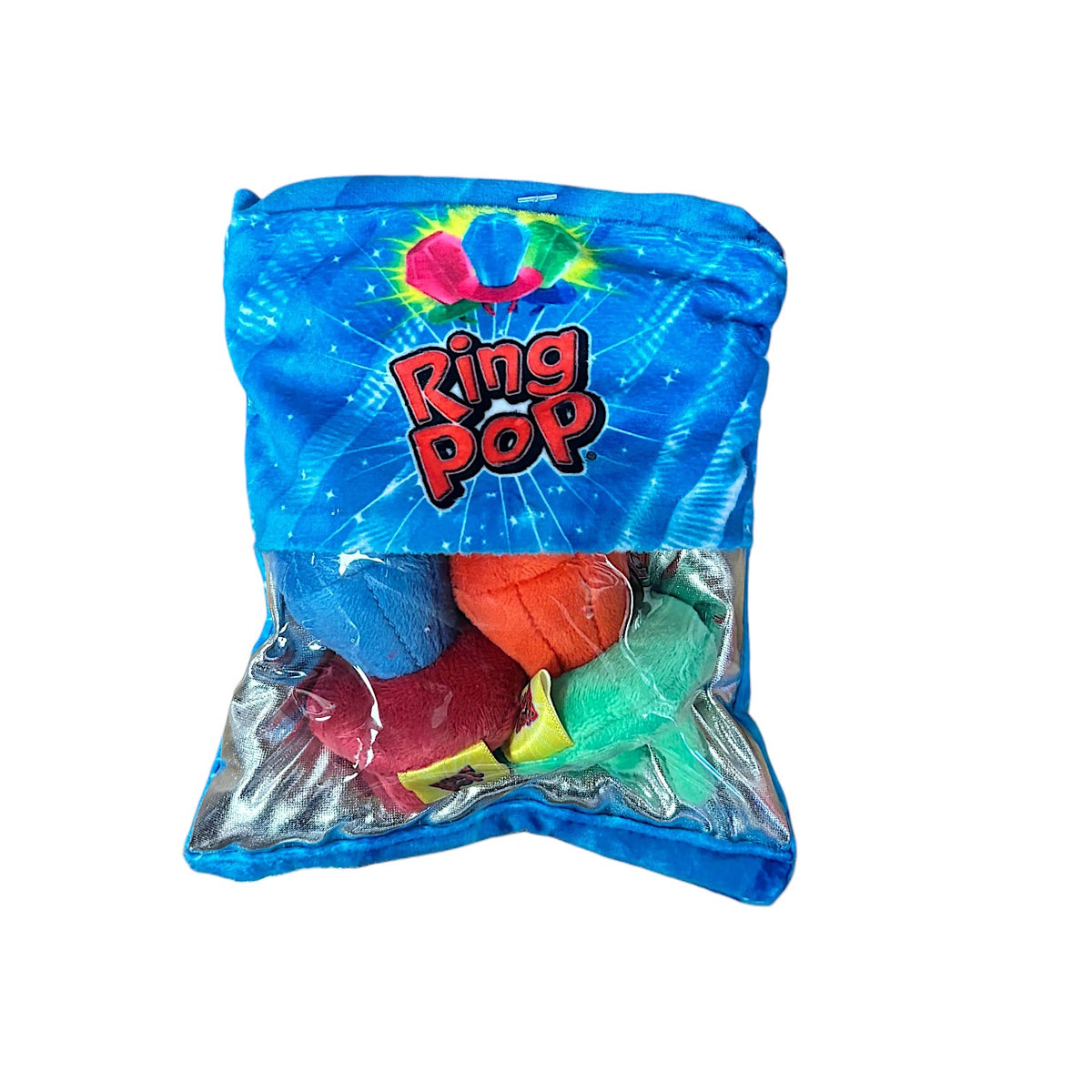 Mini Ring Pop plush toy in bright blue, pink, red, green, and yellow colors inside clear bag with Ring Pop logo on vibrant blue packaging