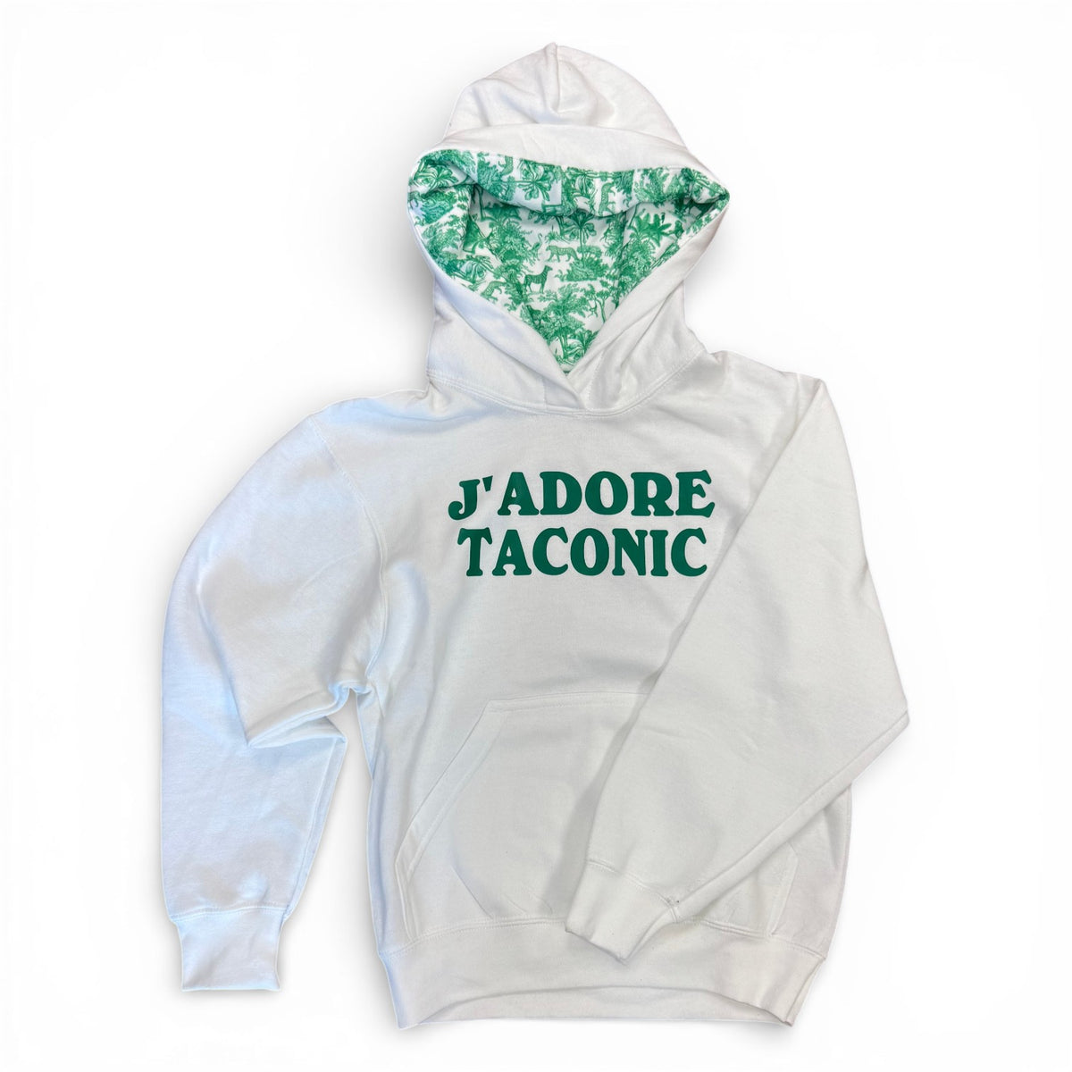 J'adore Camp Hoodie in white with green text J'adore Taconic and green toile hood lining