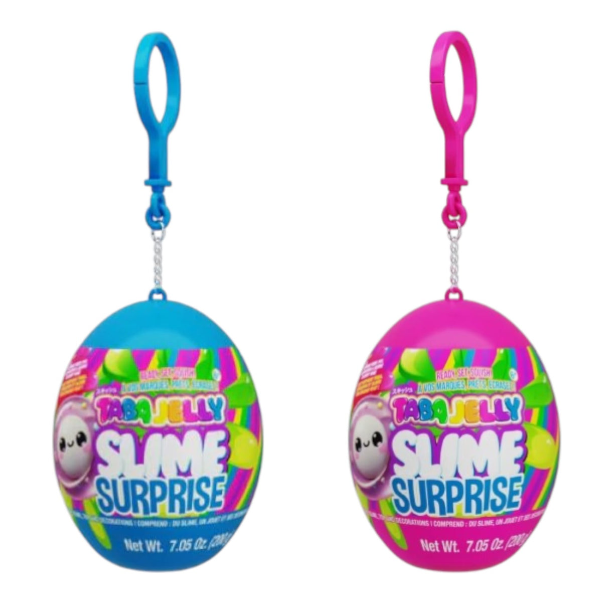 Taba Jelly Slime Surprise egg-shaped mystery capsules in blue and pink with colorful designs, each with loop keychain attachment and silver chain