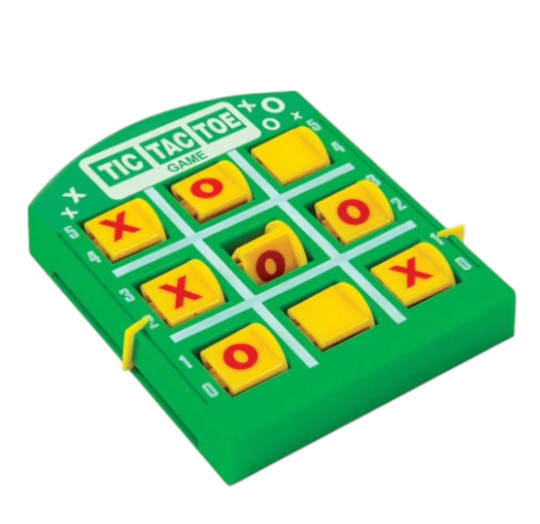 Green Tic Tac Toe handheld game with yellow flip tiles showing red X and O marks