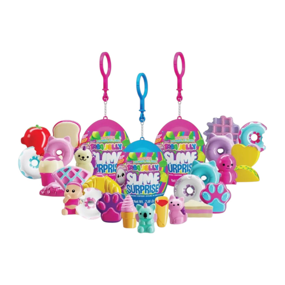 Collection of Taba Jelly Slime Surprise eggs in blue and pink with various squishy slime charms displayed including donuts, paw prints, candy bears, hearts, and colorful shaped collectibles