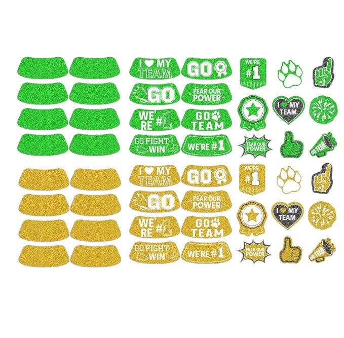Color War Eye Black Stickers sheet in green and gold with team-spirit phrases and icons