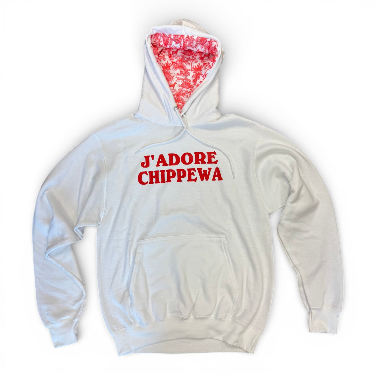 J'adore Camp Hoodie in white with red text J'adore Chippewa and red toile hood lining