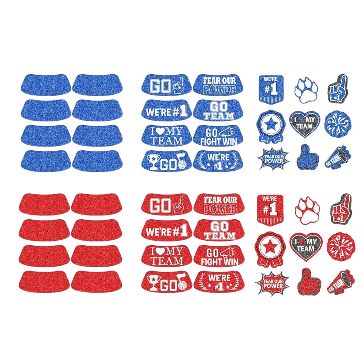 Color War Eye Black Stickers sheet in blue and red with team-spirit phrases and icons