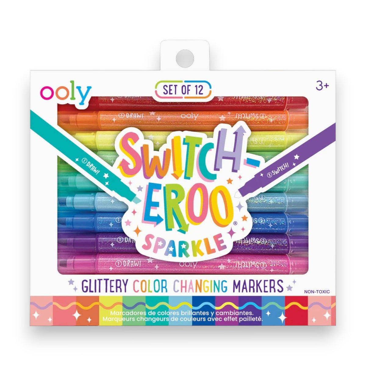 Switch-Eroo Sparkle glittery color changing markers set of 12 in rainbow colors from red orange yellow green teal blue purple pink displayed in package by Ooly