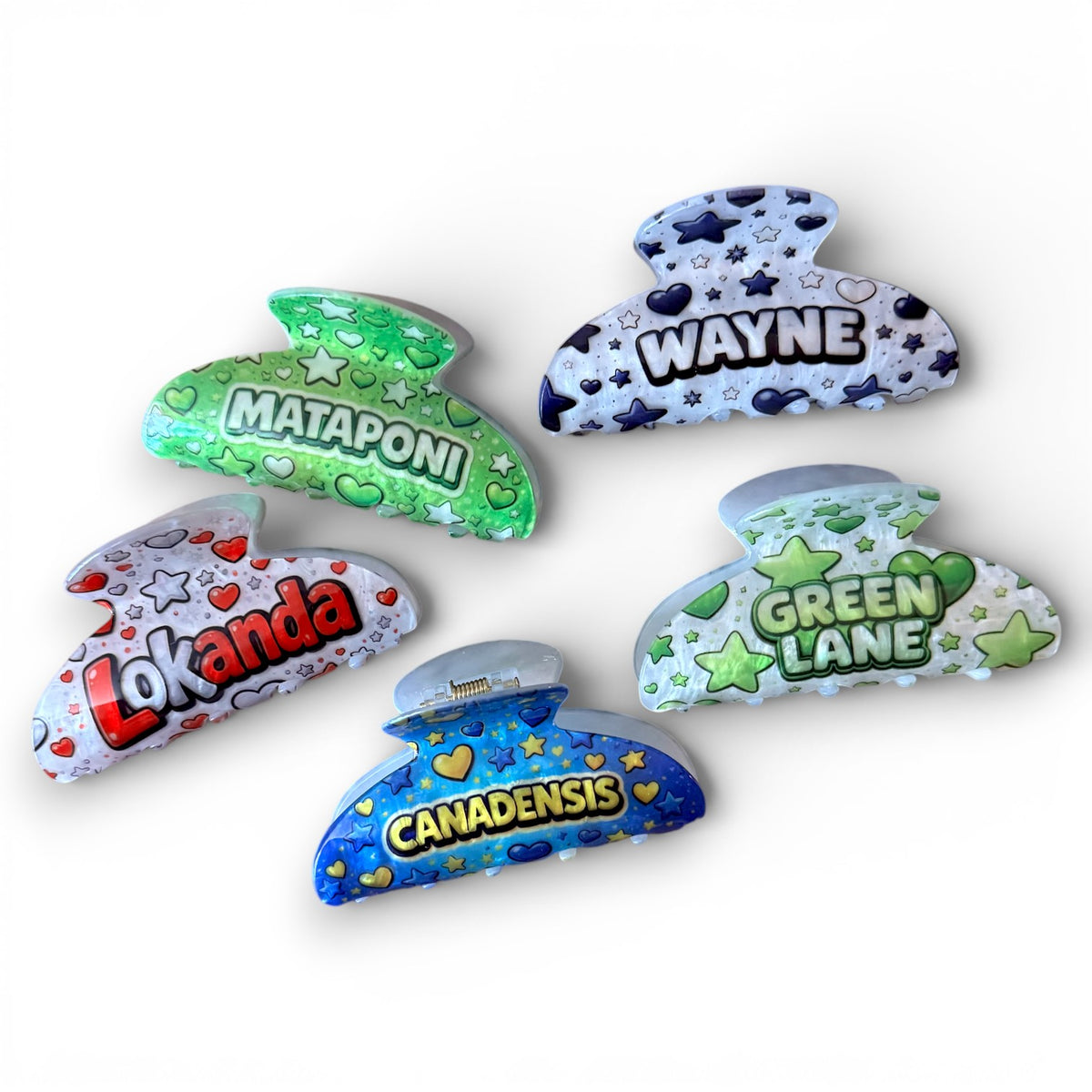 Retro Camp Hair Clip set of five claw clips with bubble-letter camp names Mataponi, Wayne, Lokanda, Green Lane, Canadensis