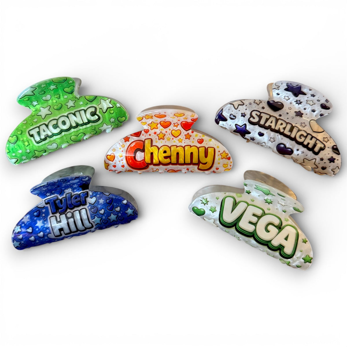 Retro Camp Hair Clip set of five claw clips with bubble-letter names Taconic, Chenny, Starlight, Tyler Hill, Vega