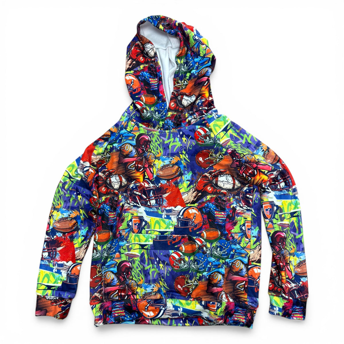 Graffiti Football Boys Fuzzy Hoodie with colorful bold football graphics including helmets, footballs and graffiti text on soft fleece fabric