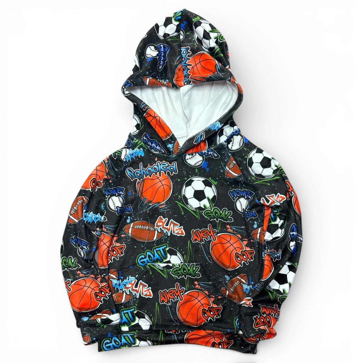 Street Sports Boys Fuzzy Hoodie in dark gray with colorful graffiti-style basketballs, soccer balls, and footballs all-over print, shown with hood and kangaroo pocket