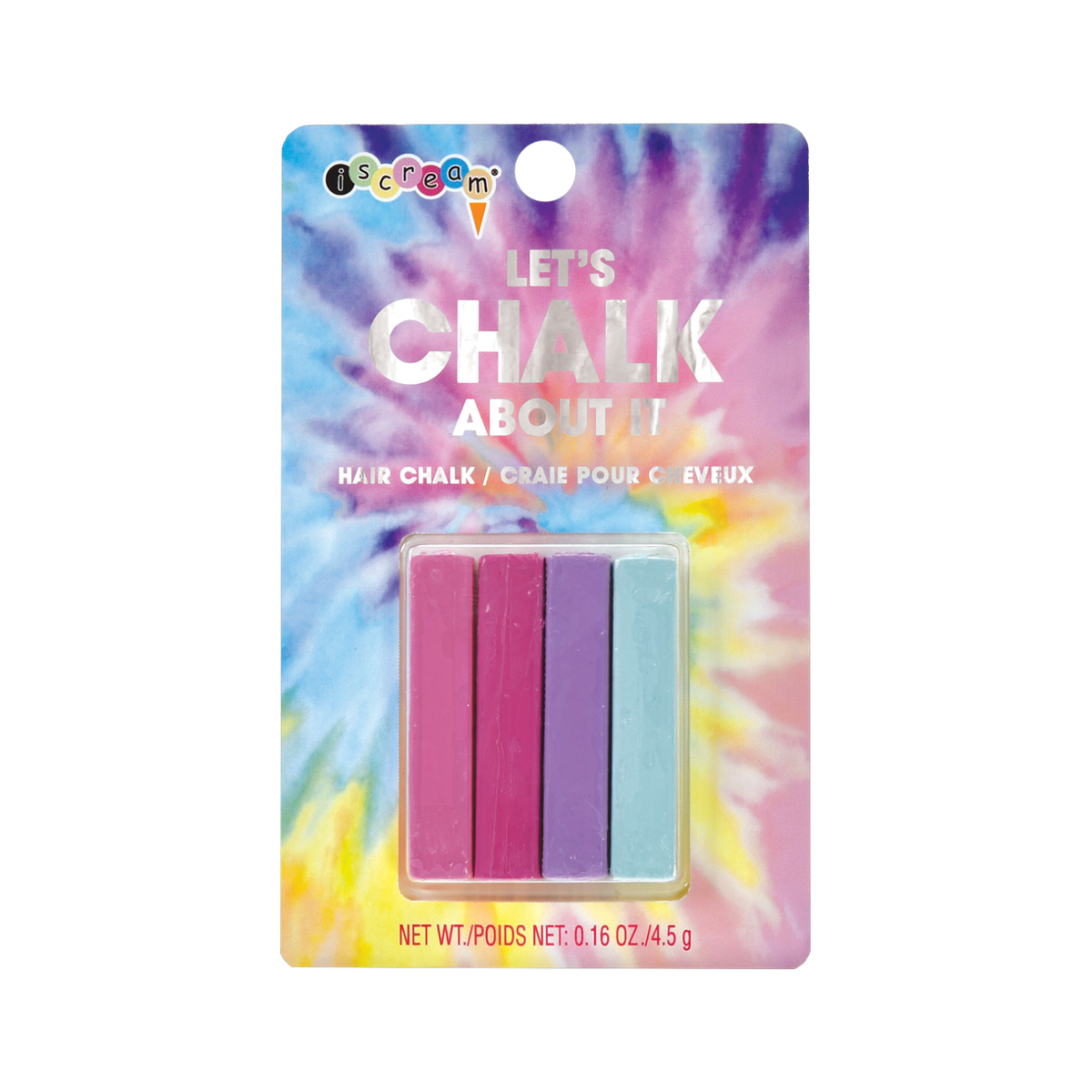 Let's Chalk About It hair chalk card with four chalk sticks in pink, magenta, purple and light blue on a tie-dye background