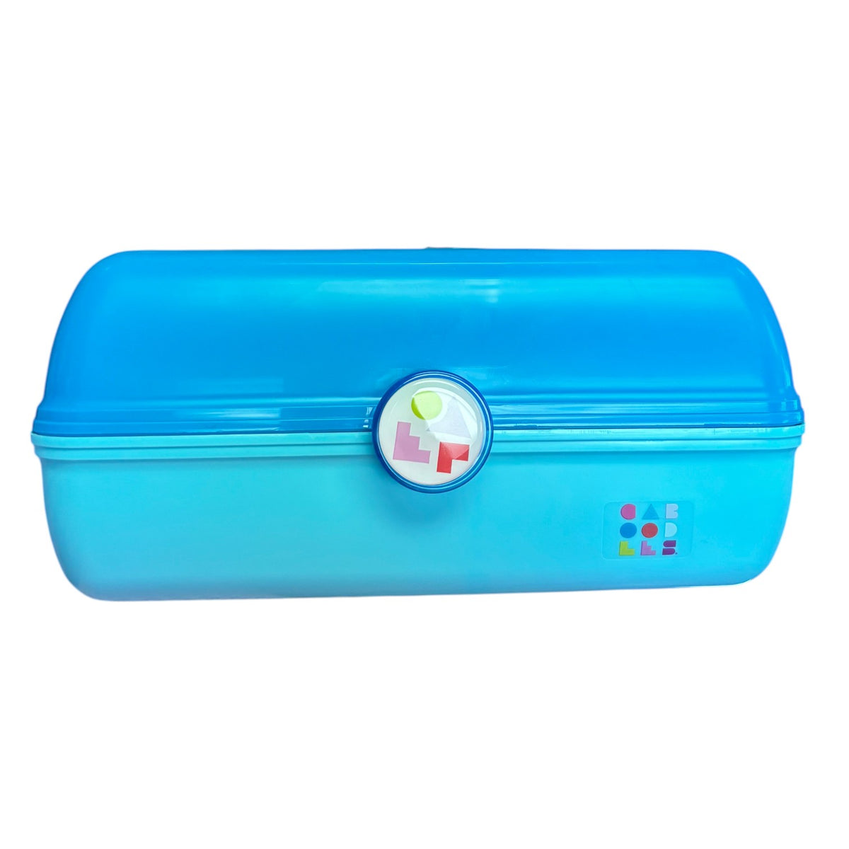 Caboodle train case in glossy aqua blue with a round shape-pattern latch