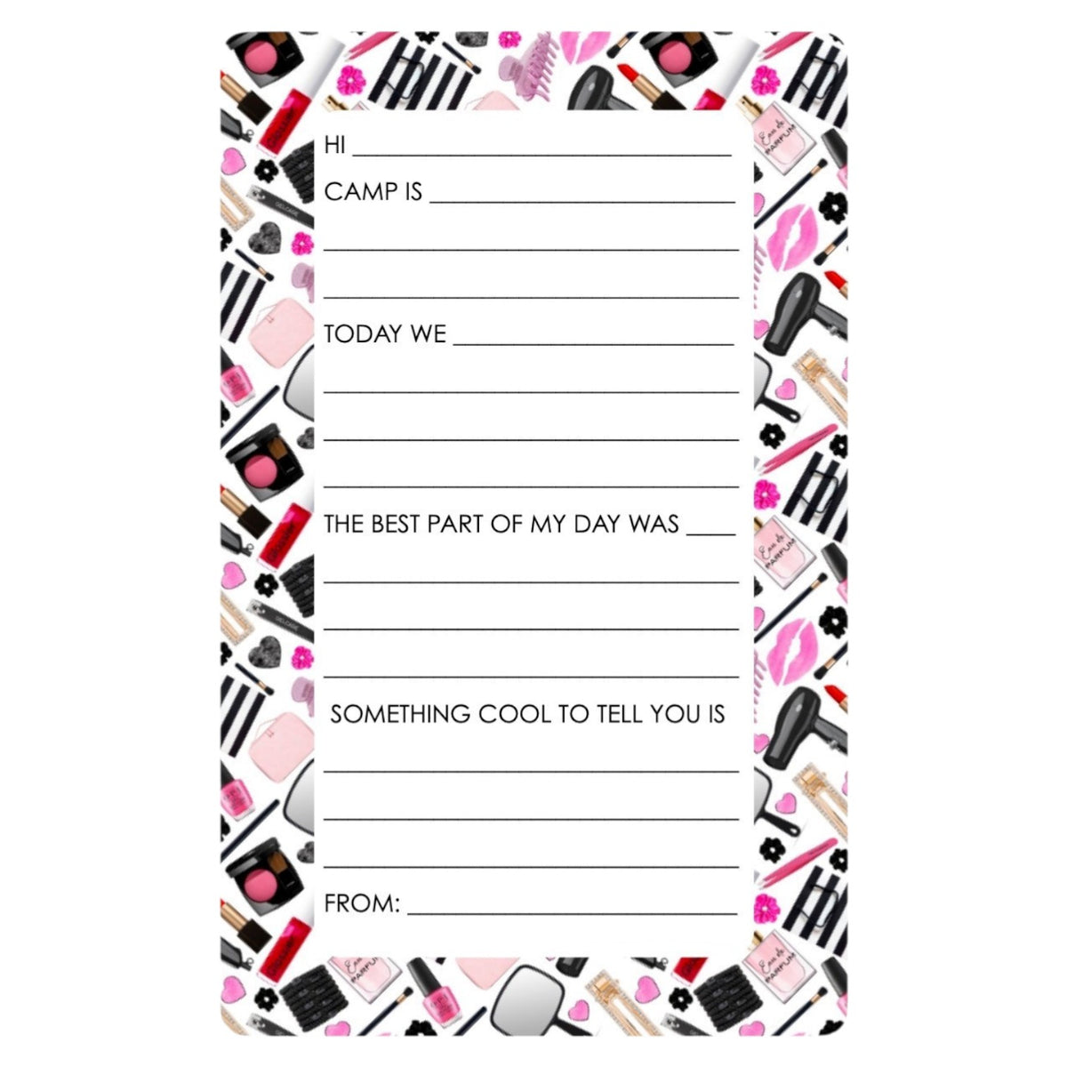 Makeup Beauty Fill-In Camper Notepad with makeup print border and fill-in-the-blank lines