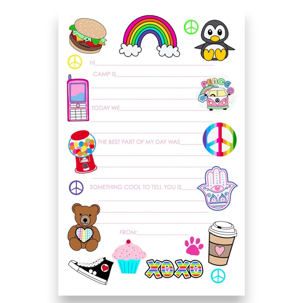 Groovy Fill-In Camper Notepad with colorful peace signs, rainbows, penguin, hamburger, pink peace van, gumball machine, and other retro designs on lined stationery sheets