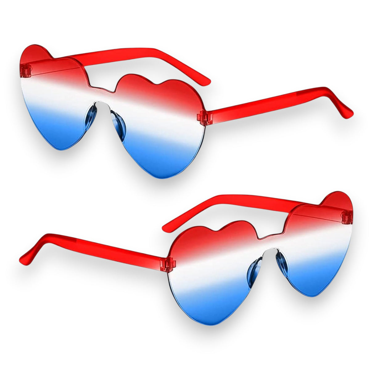 Two pairs of red-framed patriotic heart-shaped sunglasses with red, white and blue gradient lenses for summer camp