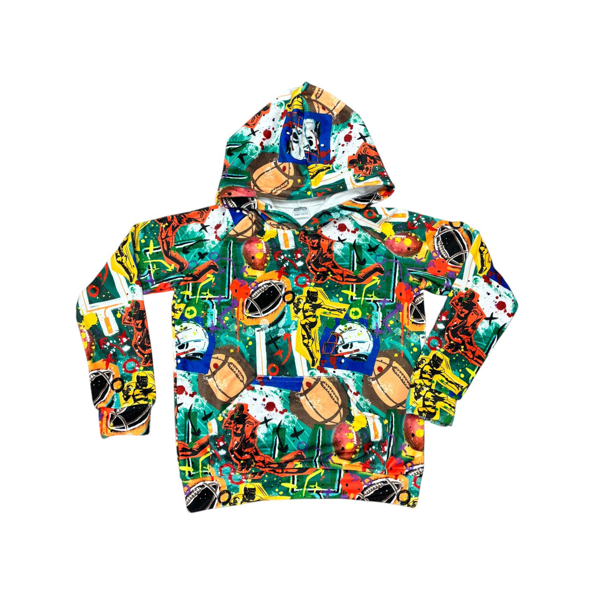 Graffiti Football Boys Fuzzy Hoodie in vibrant multicolor print featuring footballs, helmets, goalposts and paint splatter design on soft fuzzy fabric with hood and kangaroo pocket