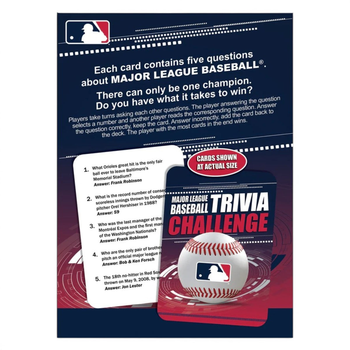 Back of the MLB Trivia Challenge box with sample trivia cards